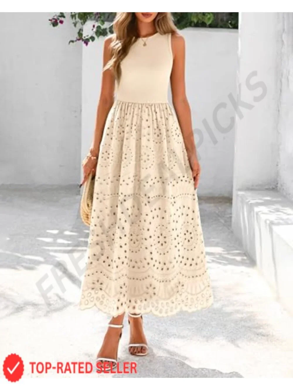 Women Sleeveless Lace Eyelet Cotton Tank Maxi Dress | Summer Casual A-Line Boho